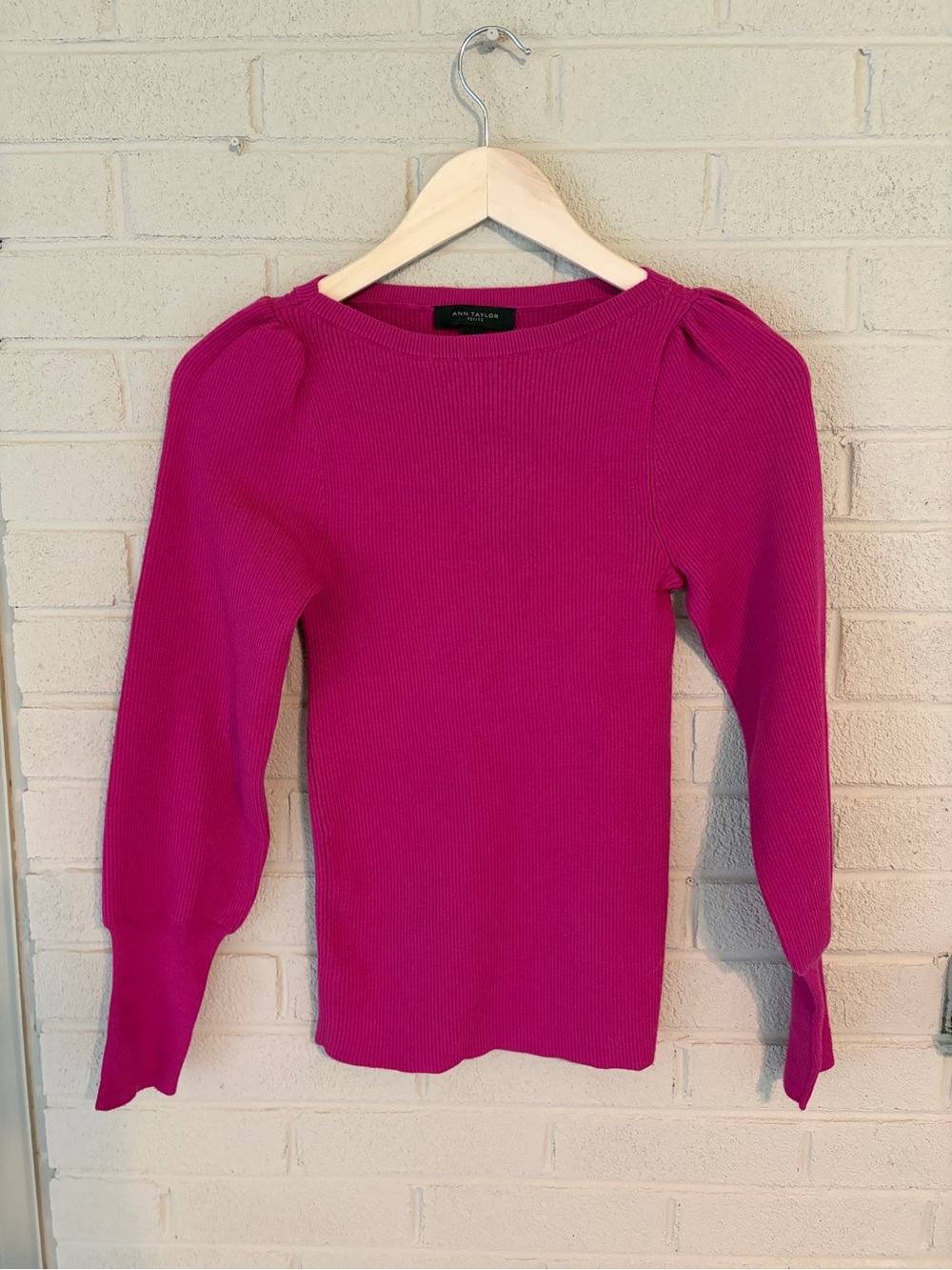 Ann Taylor Long-Sleeve Ribbed Top in Fuchsia